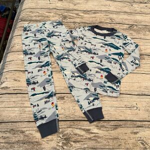 Hanna Andersson Organic Blue & Gray Pajama Set Winter Ski Theme Unisex Size 6/7